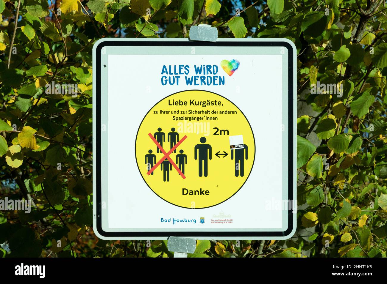 Corona warning sign in the Park in Bad Homburg saying everything will be all right and keep distance 2 meters Stock Photo