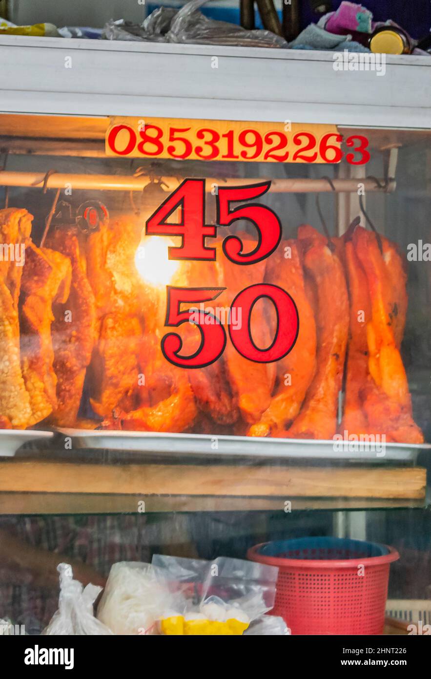 Meat products and greens THAI street food Bangkok Thailand Stock Photo