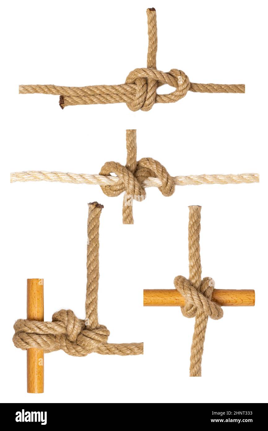 Collection ropes. Macro of figure eight node from two brown ropes, of