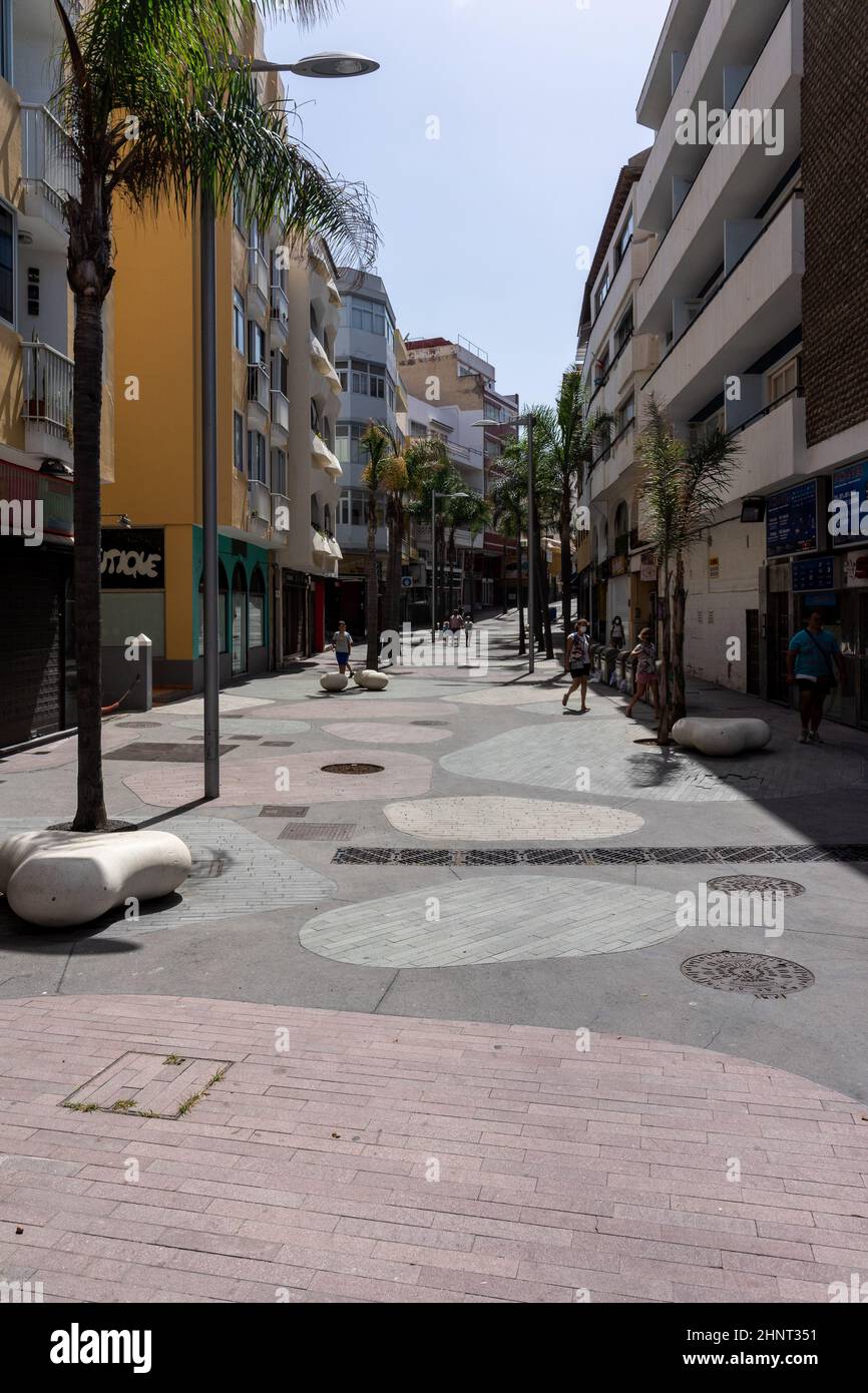 PUERTO DE LA CRUZ, TENERIFE, SPAIN - JULY 14, 2021: Uncrowded streets of a popular tourist town on the island following the COVID-19 pandemic. Tourism industry crisis. Stock Photo