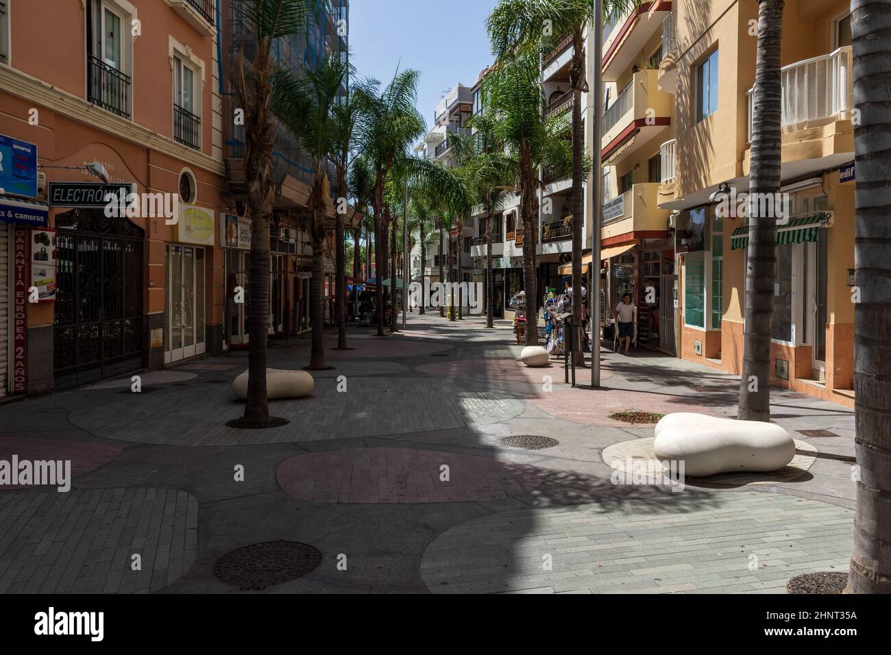PUERTO DE LA CRUZ, TENERIFE, SPAIN - JULY 14, 2021: Uncrowded streets of a popular tourist town on the island following the COVID-19 pandemic. Tourism industry crisis. Stock Photo