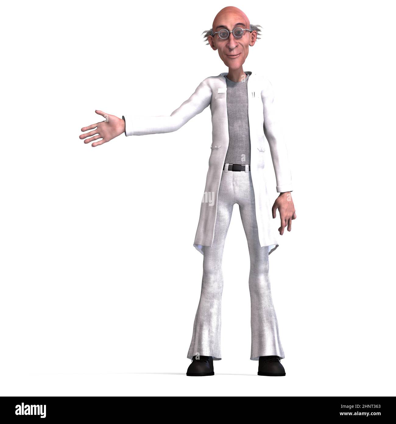 3D-illustration of a cute and funny mad scientist shows the way Stock Photo