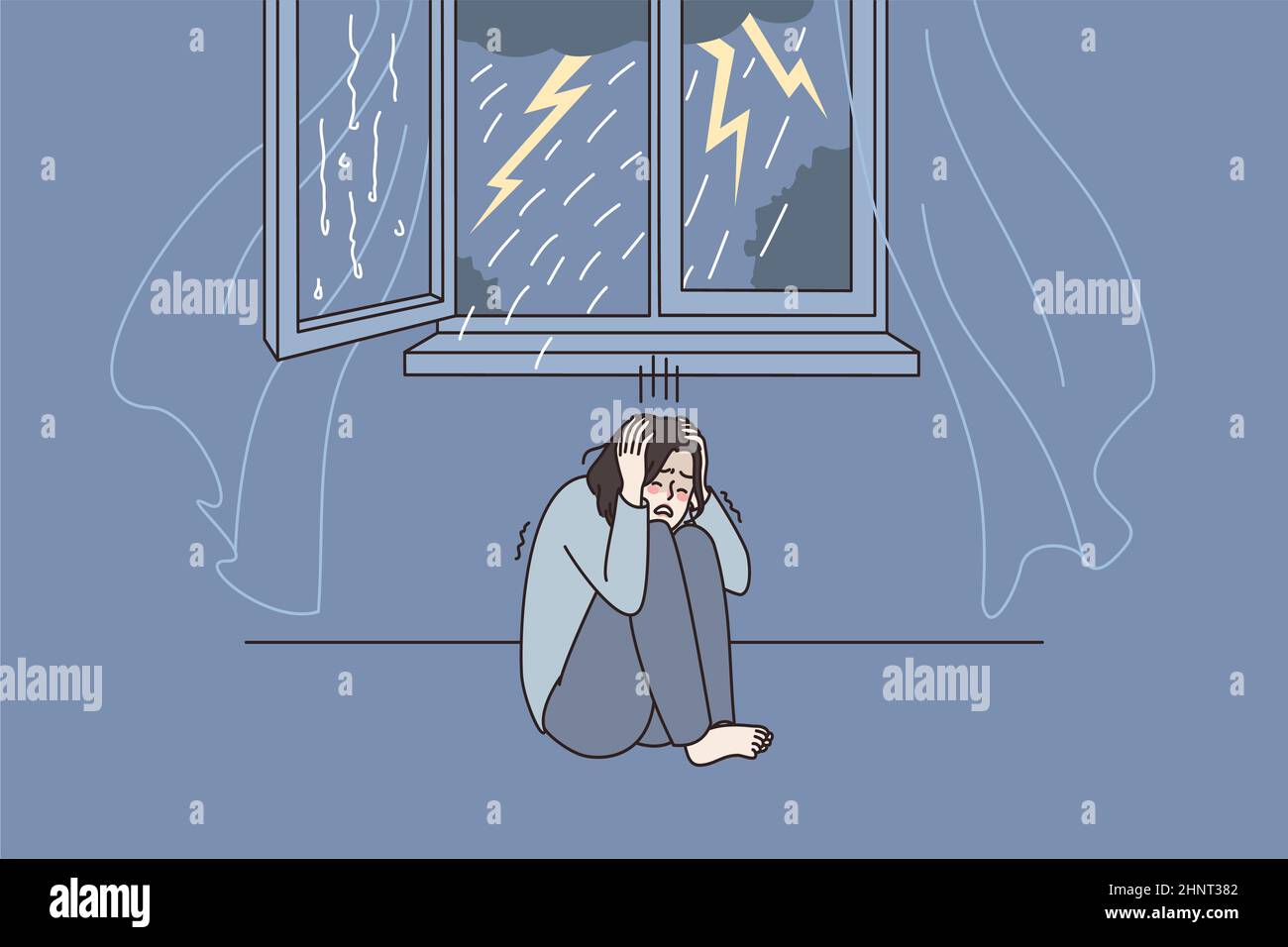 Anxious woman hide cover ears afraid scared of thunderstorm at home