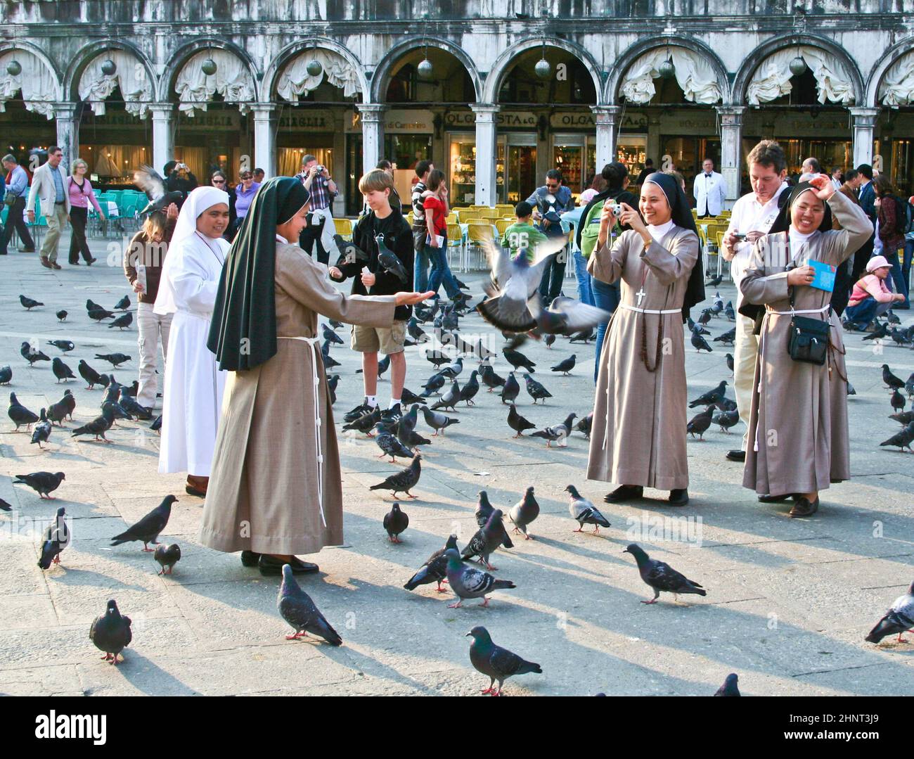 nons on San Marco square feed large flock of pigeons Stock Photo