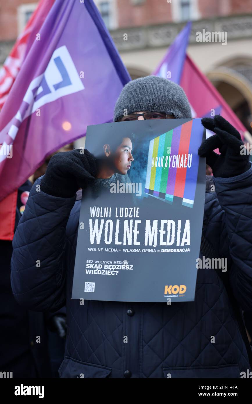 Free media, free people, free Poland. Protest in Krakow against lex TVN Stock Photo