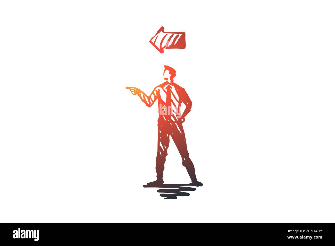 Point, man, gesture, direction, arm concept. Hand drawn person and