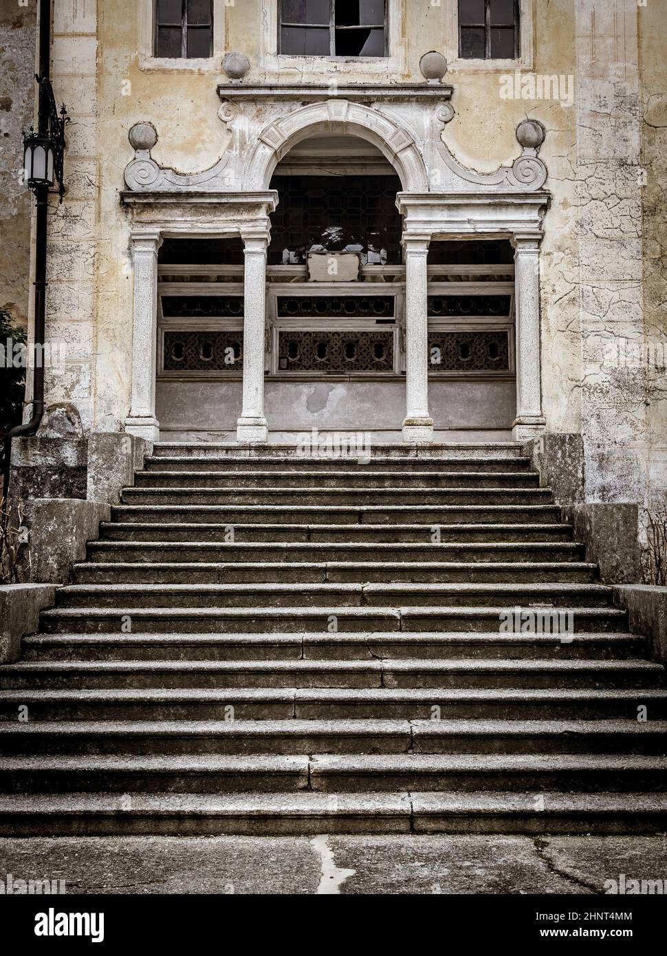 Mysterious old chapel with stair perspective Stock Photo