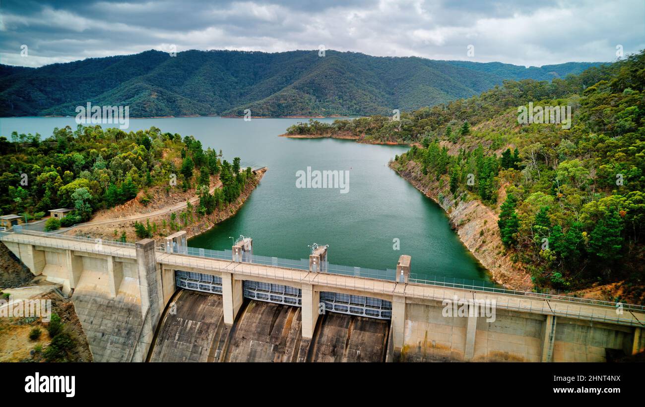 Aerial view of the Lake Eildon hydroelectric infrastructure dam and