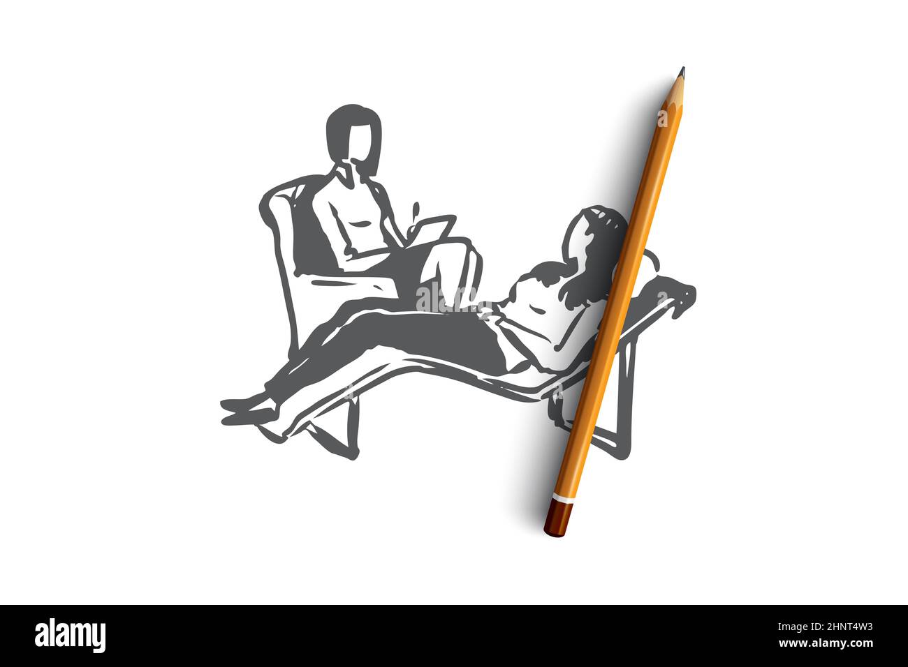 Psychologist, couch, client, therapy, problem concept. Hand drawn ...