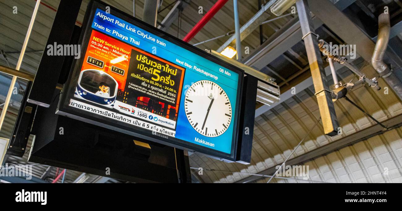 Skytrain timetable Makkasan station Airport rail link Bangkok Thailand. Stock Photo