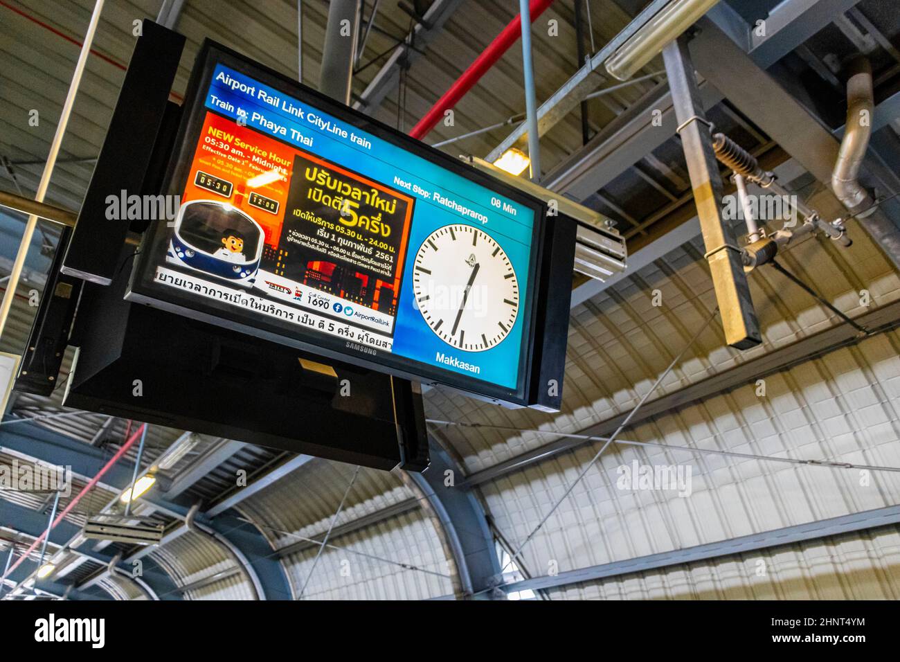 Skytrain timetable Makkasan station Airport rail link Bangkok Thailand. Stock Photo