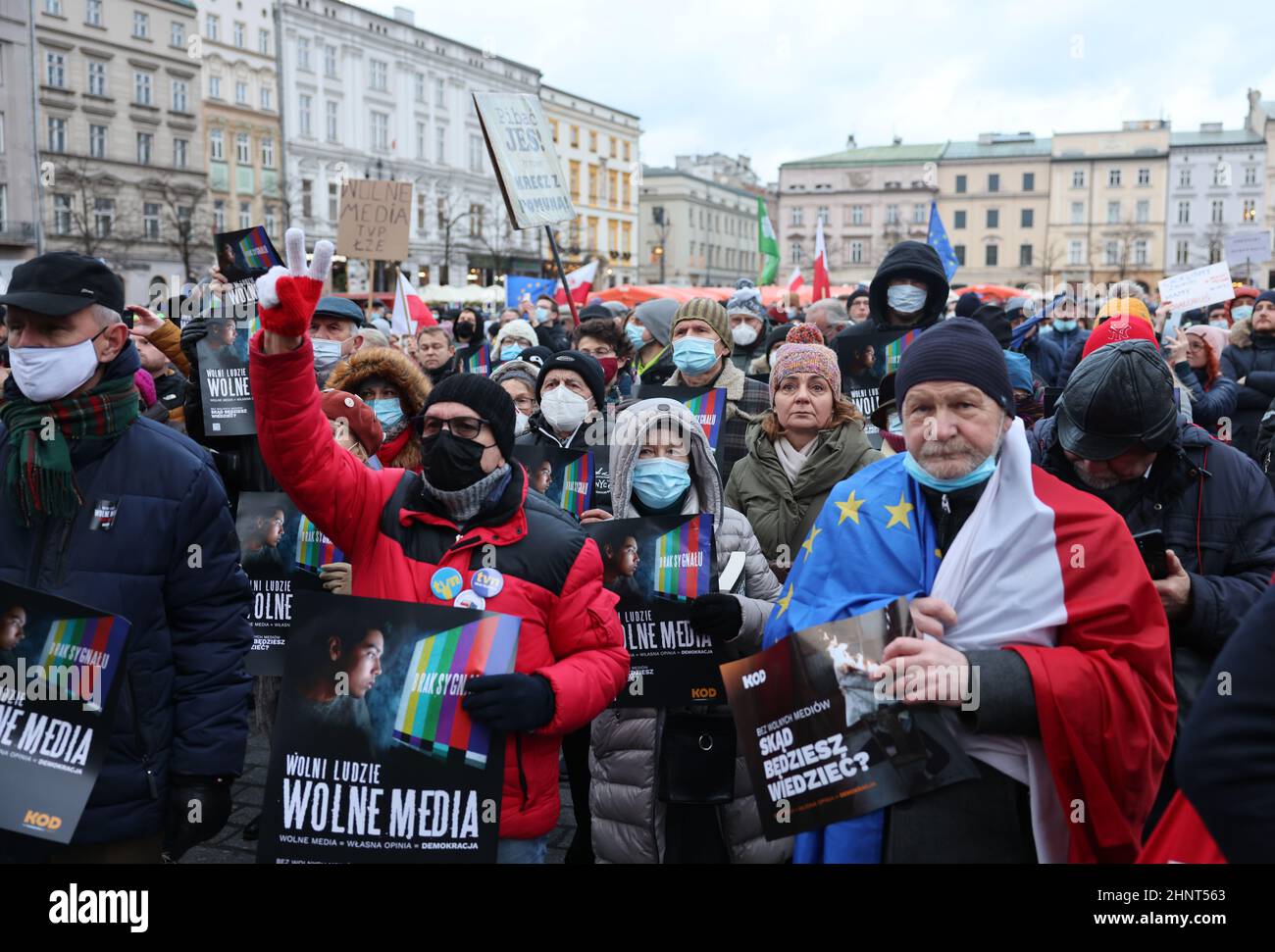 Free media, free people, free Poland. Protest in Krakow against lex TVN Stock Photo