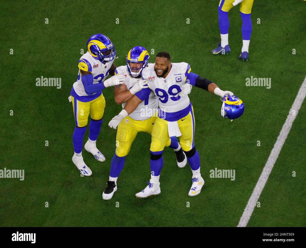 Los Angeles, California, USA. 13th Feb, 2022. Los Angeles Rams defensive  tackle Aaron Donald (99) celebrates his game winning sack at the NFL Super  Bowl 56 LVI football game between the Los