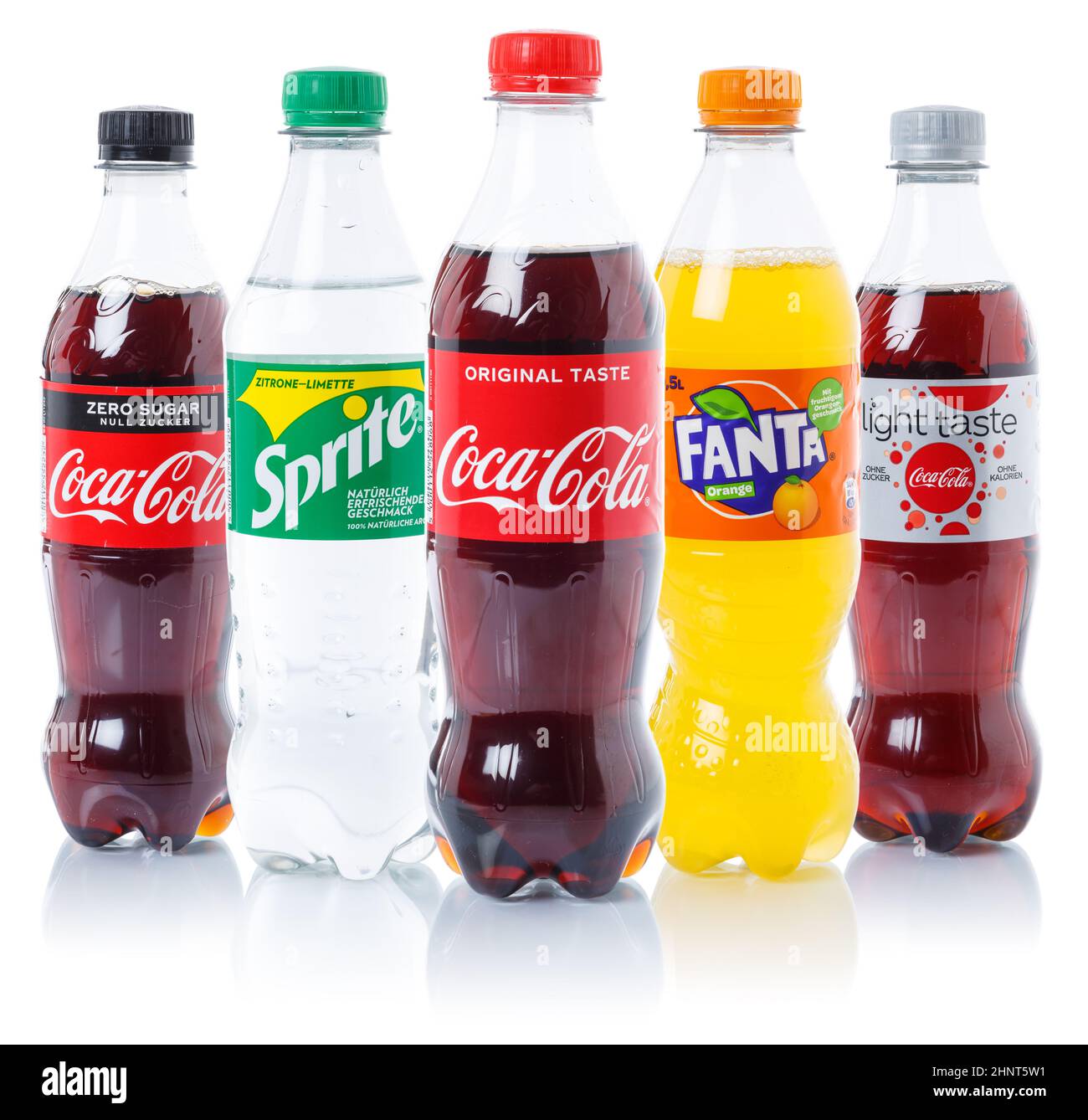 Coca Cola Coca-Cola Fanta Sprite lemonade soft drink in plastic bottles isolated on a white background Stock Photo