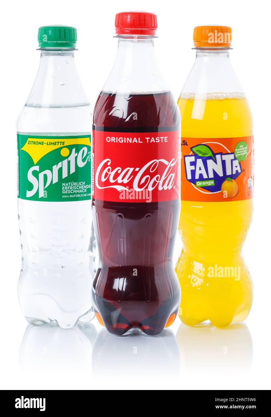 Coca Cola Coca-Cola Fanta Sprite lemonade drinks in plastic bottles isolated on a white background Stock Photo