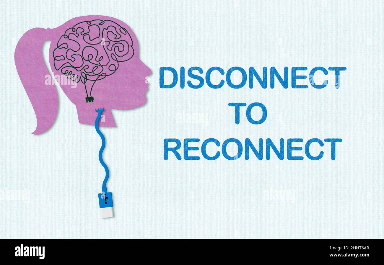 Disconnect to Reconnect, unplug from technology,  social media, smart phones, news to reconnect with yourself concept, illustration on papercut out Stock Photo