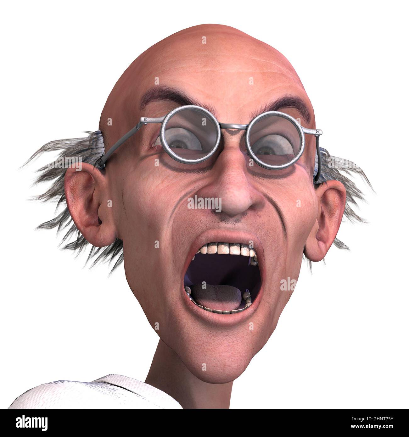 3D-illustration of a cute and funny mad scientist yelling portrait Stock Photo