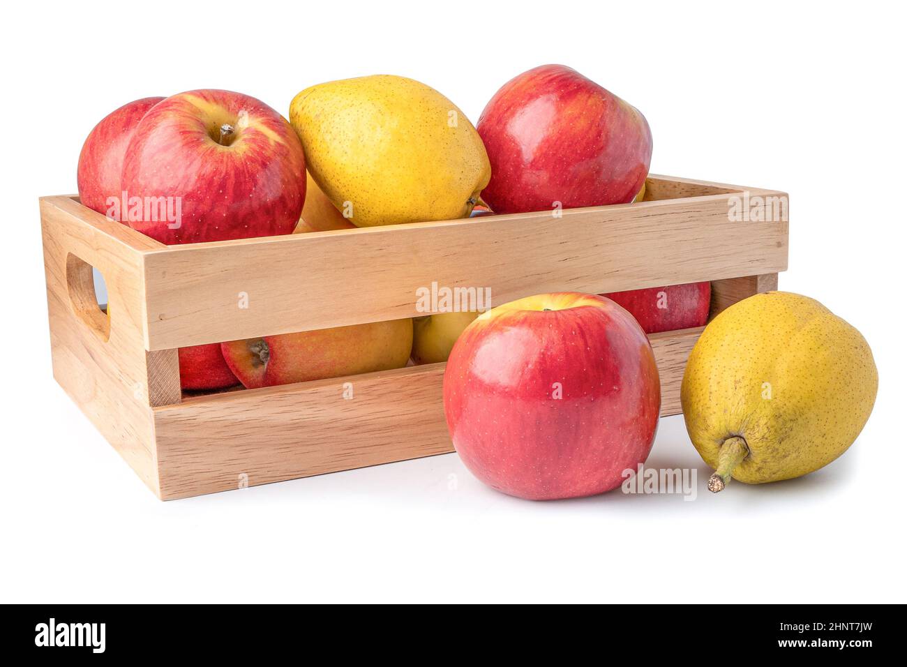 Apple and Scented pears fruit in wooden box isolate on white background