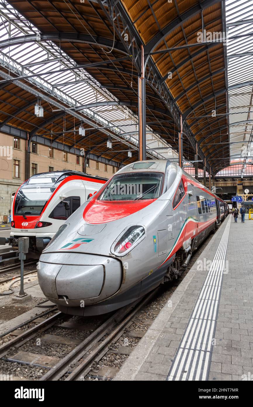 Alstom Trenitalia ETR 610 high-speed train at Basel SBB Railway Station portrait format in Switzerland Stock Photo