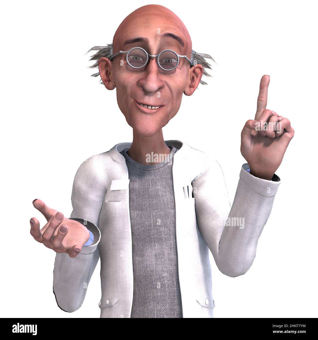 3D-illustration of a cute and funny mad scientist explaining Stock Photo