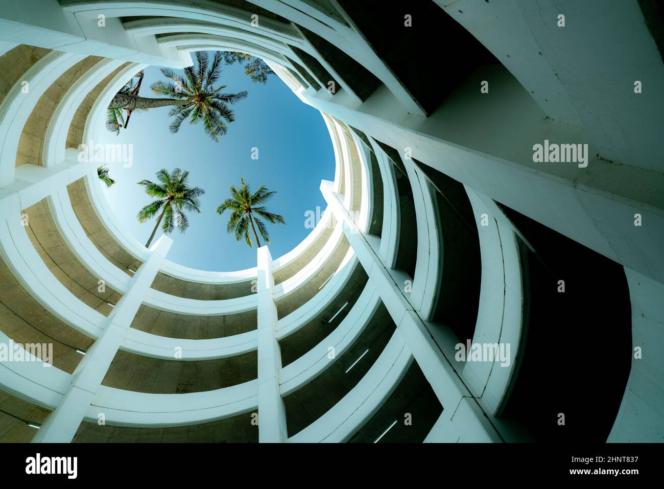 Bottom view multi-story car park building with coconut tree above building in summer. Multi-level parking garage. Indoor car parking lot. Architecture of spiral curve building. Sustainable building. Stock Photo