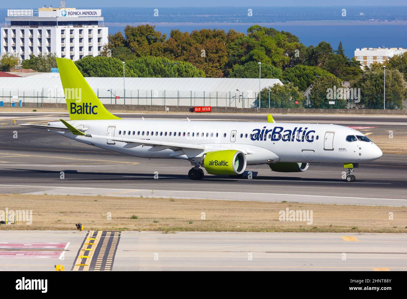 Air Baltic Airbus A220-300 airplane Lisbon airport in Portugal Stock Photo