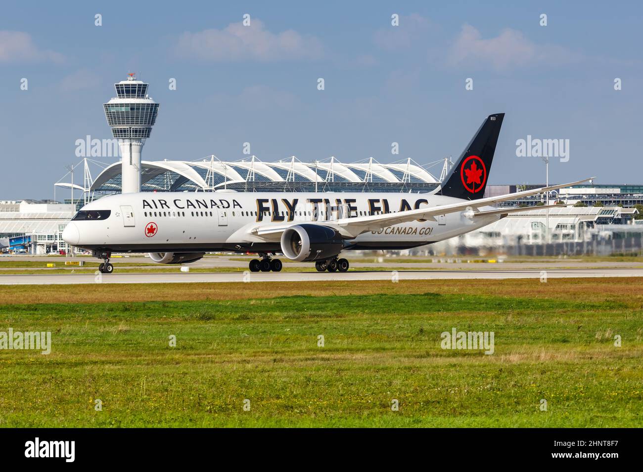 Air Canada Boeing 787-9 Dreamliner airplane Munich airport in Germany Fly The Flag special livery Stock Photo