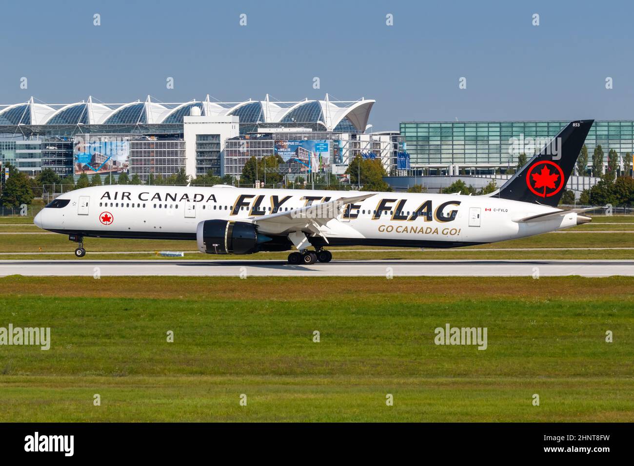 Air Canada Boeing 787-9 Dreamliner airplane Munich airport in Germany Fly The Flag special livery Stock Photo