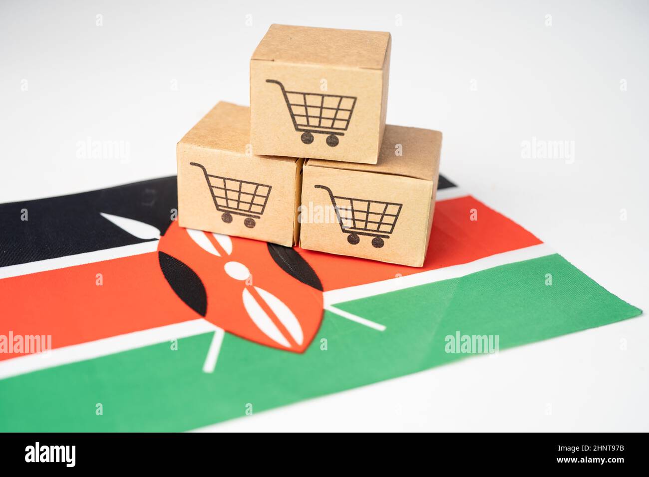 Box with shopping cart logo and Kenya flag, Import Export Shopping