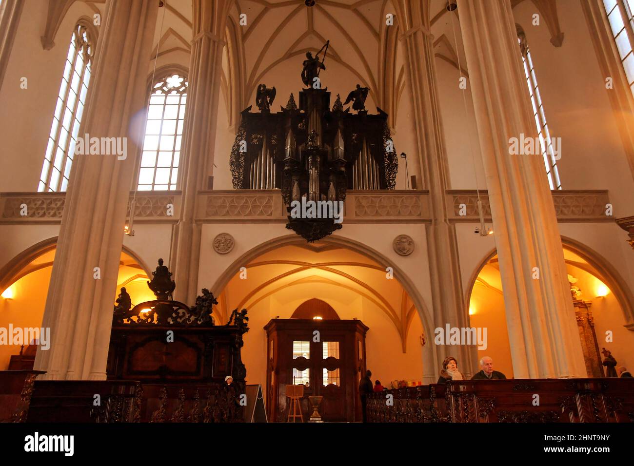 The Church of St. Jacob the Elder is a late Gothic three-nave hall church located on the Jakub Square in the Brno Stock Photo
