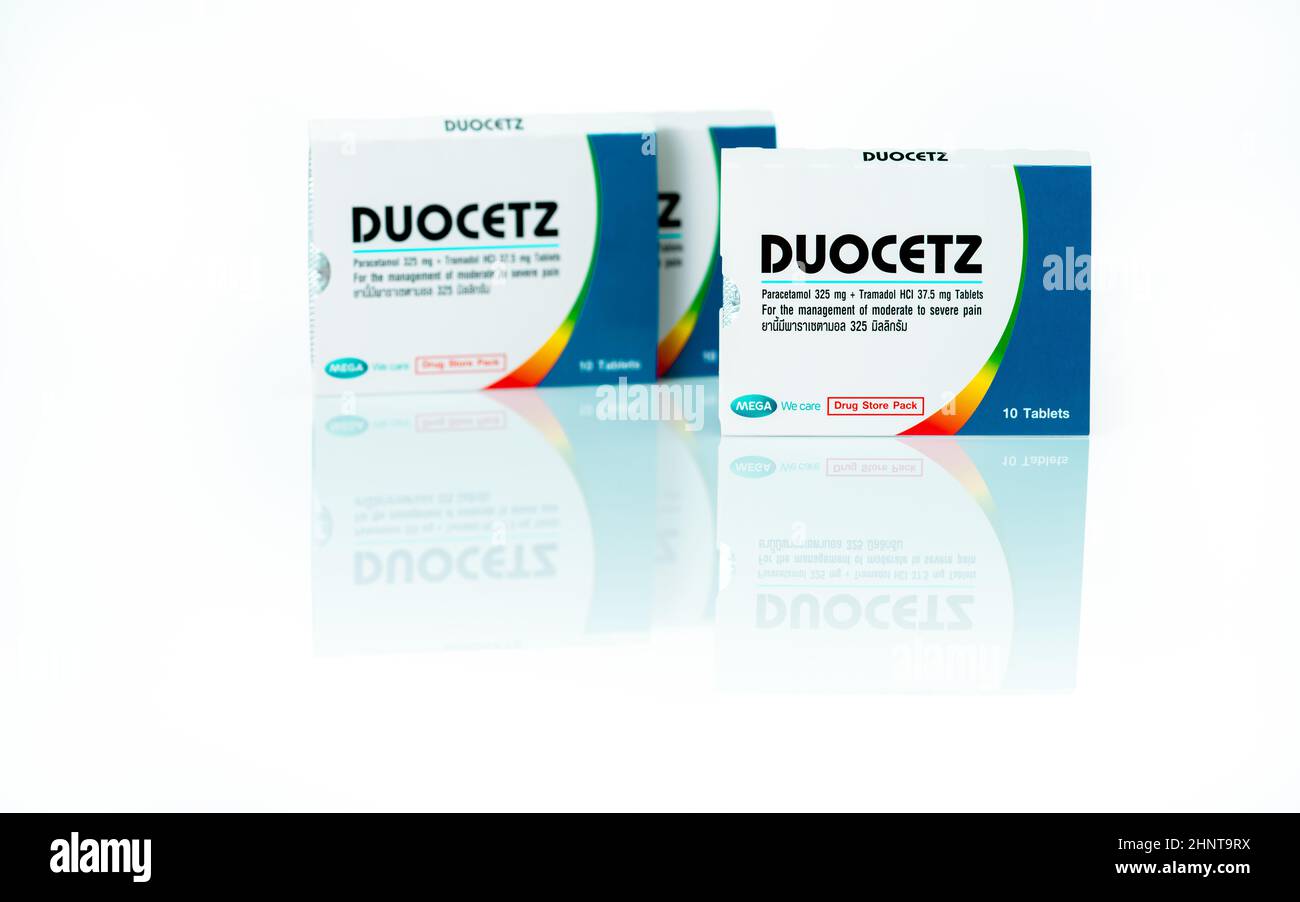 CHONBURI, THAILAND-NOVEMBER 22, 2021 : Duocetz manufactured by MEGA LIFESCIENCES. Paracetamol and tramadol tablets pills in paper packaging. Painkiller medicine. Acetaminophen and tramadol in pack. Stock Photo