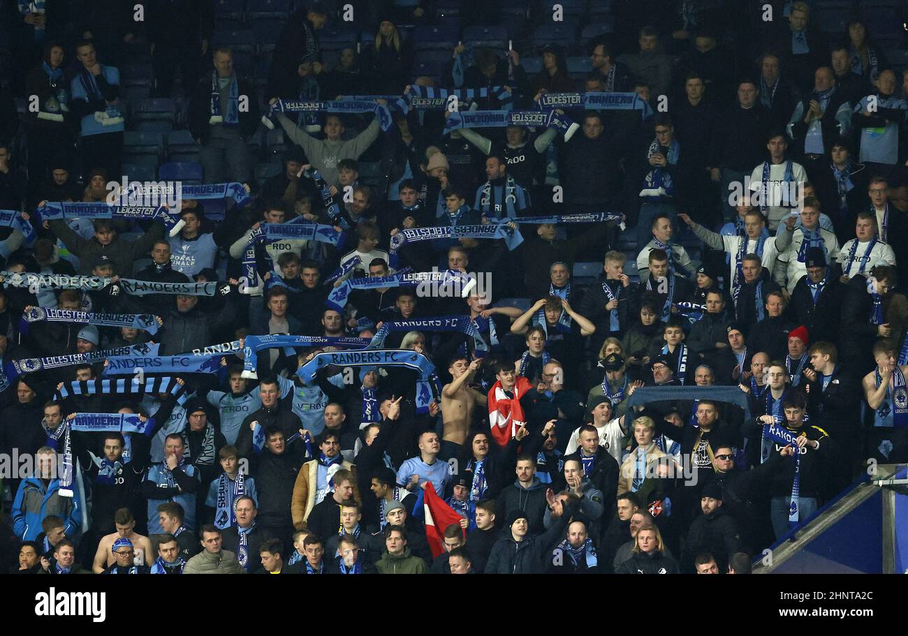 Leicester, UK. 17th February 2022.  Randers FC fans during the UEFA Europa Conference League match at the King Power Stadium, Leicester. Picture credit should read: Darren Staples / Sportimage Stock Photo