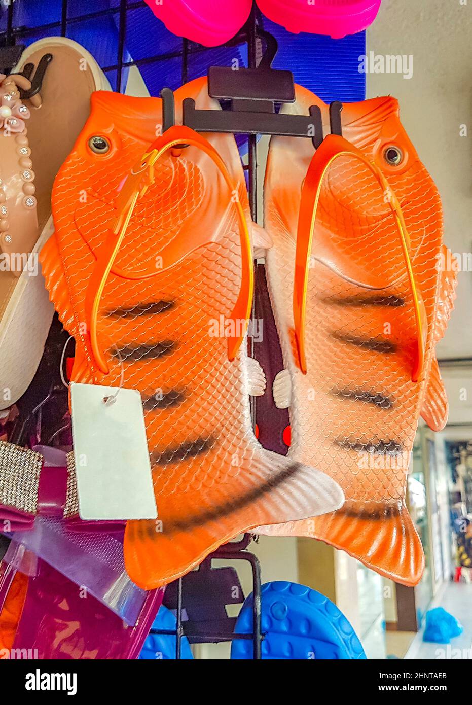 Colorful fish shoes for sale in Bangkok Thailand. Stock Photo