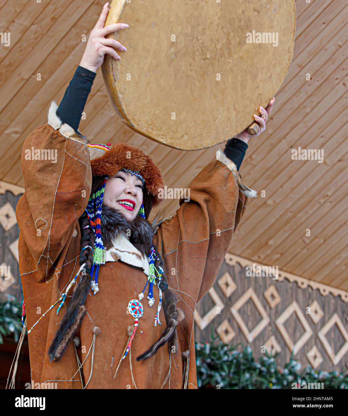 Folk ensemble performance in dress of indigenous people of Kamchatka. The holiday Northern aboriginal Koryak Stock Photo