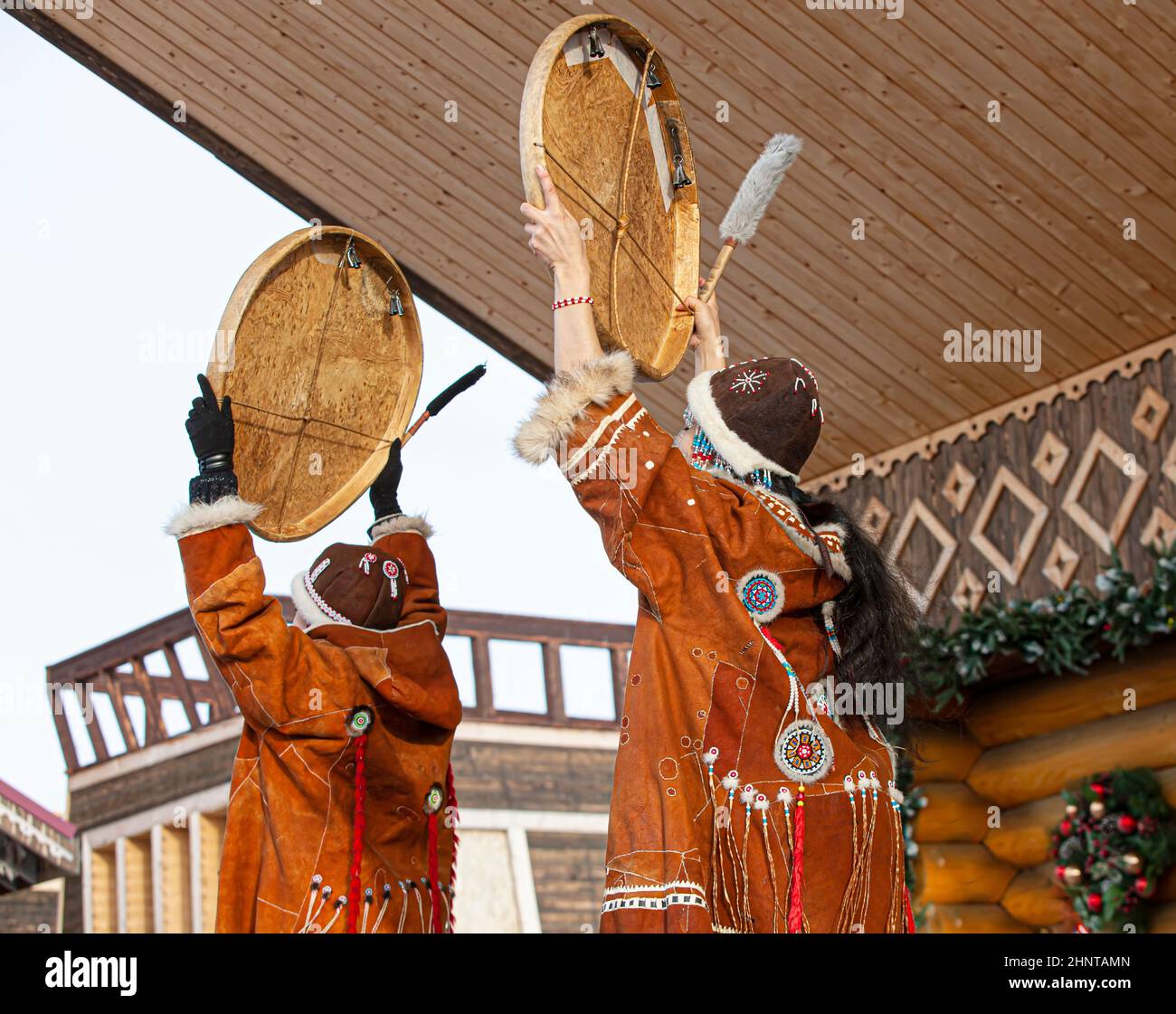 Folk ensemble performance in dress of indigenous people of Kamchatka. Stock Photo