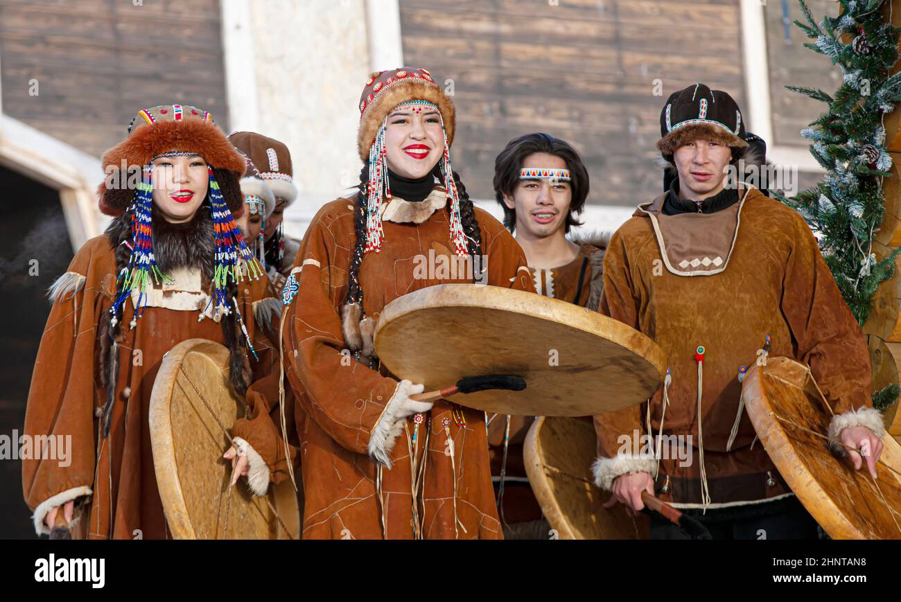 Folk ensemble performance in dress of indigenous people of Kamchatka. The holiday Northern aboriginal Koryak Stock Photo