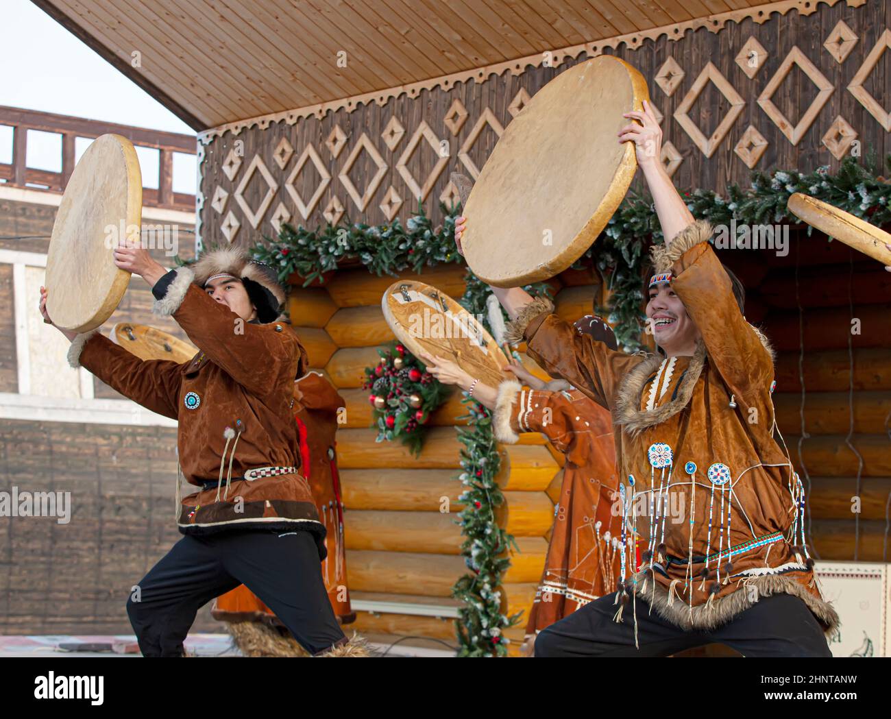 Folk ensemble performance in dress of indigenous people of Kamchatka. The holiday Northern aboriginal Koryak Stock Photo