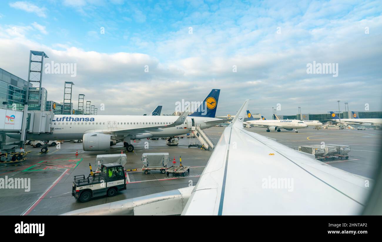 FRANKFURT, GERMANY-DECEMBER 7, 2021 : Aircraft of Lufthansa airlines docking at Frankfurt airport. Lufthansa's primary hub at Frankfurt Airport. Largest airline of Germany. Germany national airline. Stock Photo