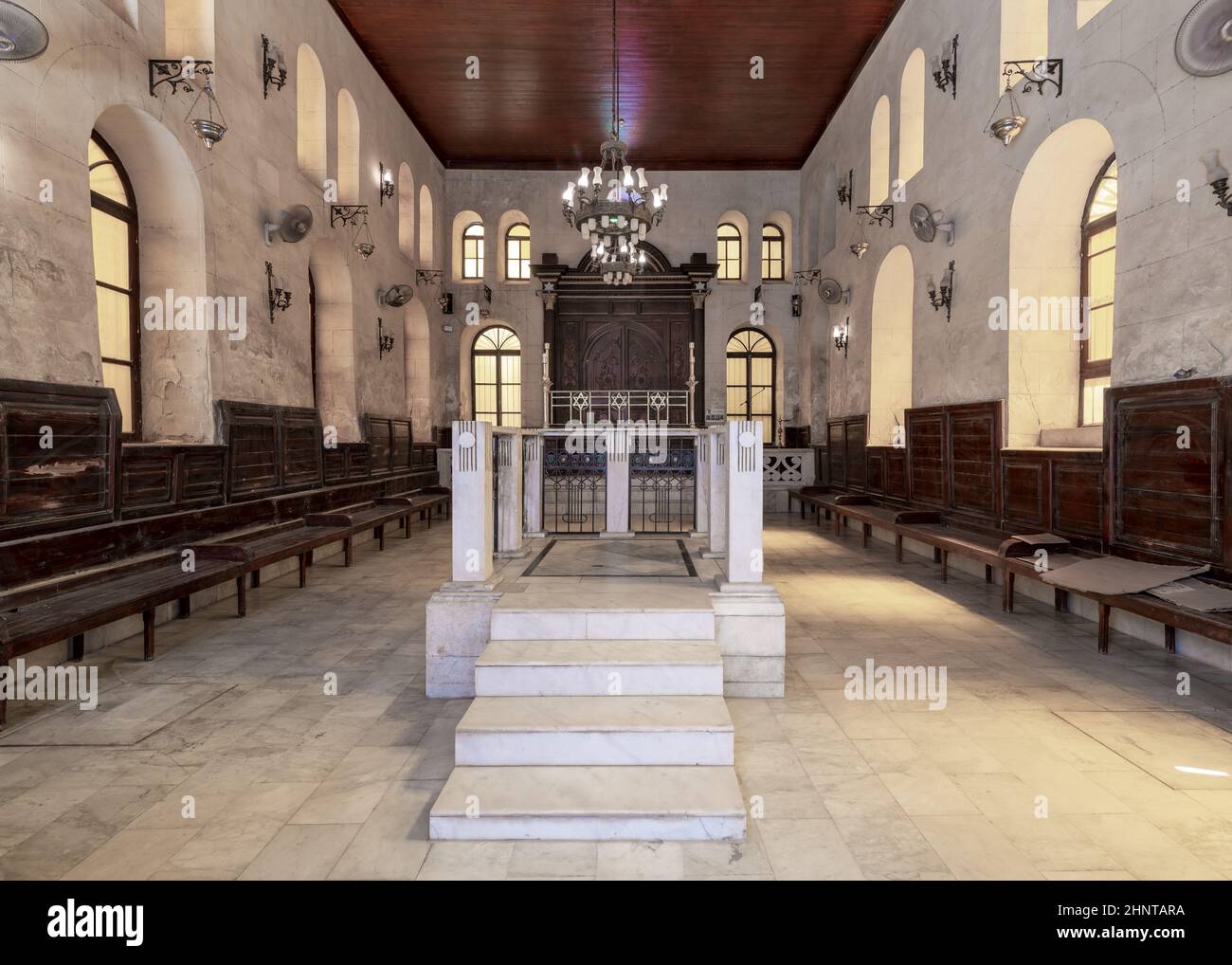 Interior of historic Jewish Maimonides Synagogue or Rav Moshe Synagogue with altar in front, Cairo Egypt Stock Photo