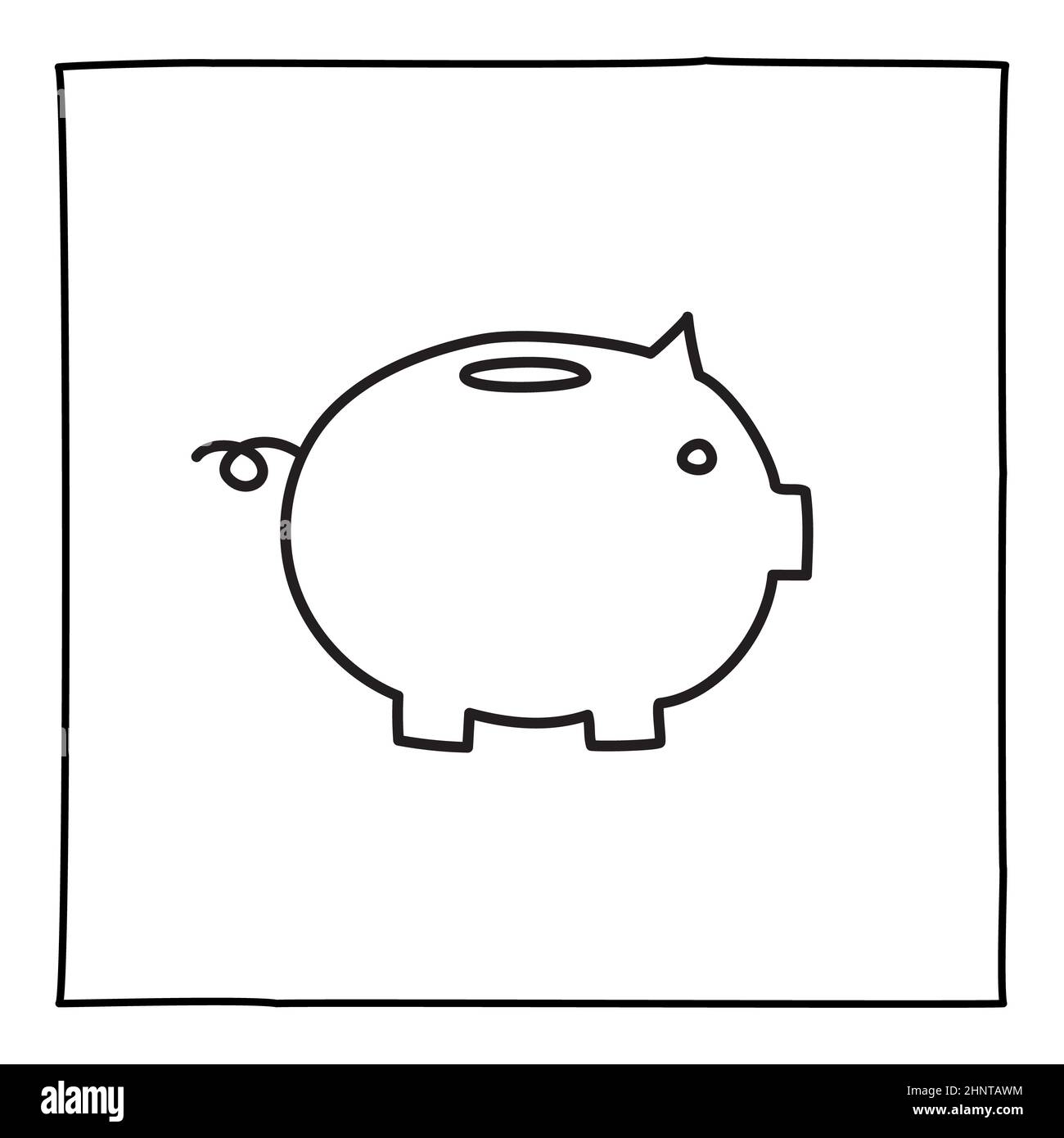 Doodle piggy bank icon or logo, hand drawn with thin black line. Isolated on white background