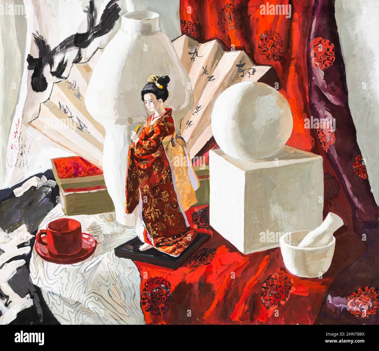 still life with Japanese doll, geometric shapes Stock Photo