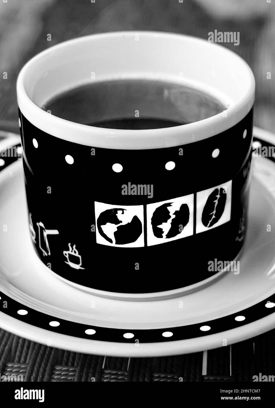 Black and white picture coffee cup with world globes, Thailand. Stock Photo
