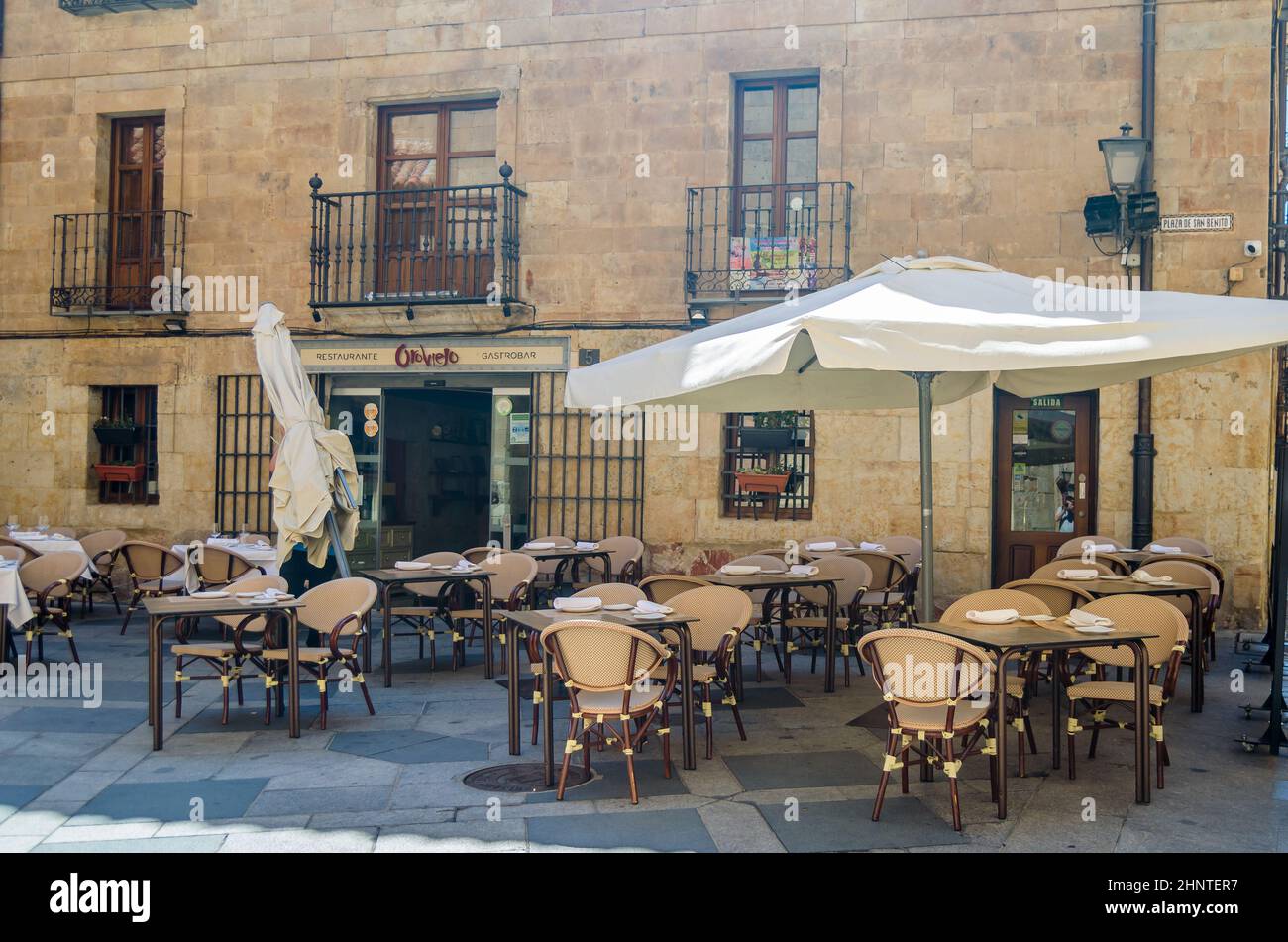 SALAMANCA, SPAIN - AUGUST 22, 2021: A restaurant in the old town of Salamanca, Castile and Leon, Spain Stock Photo