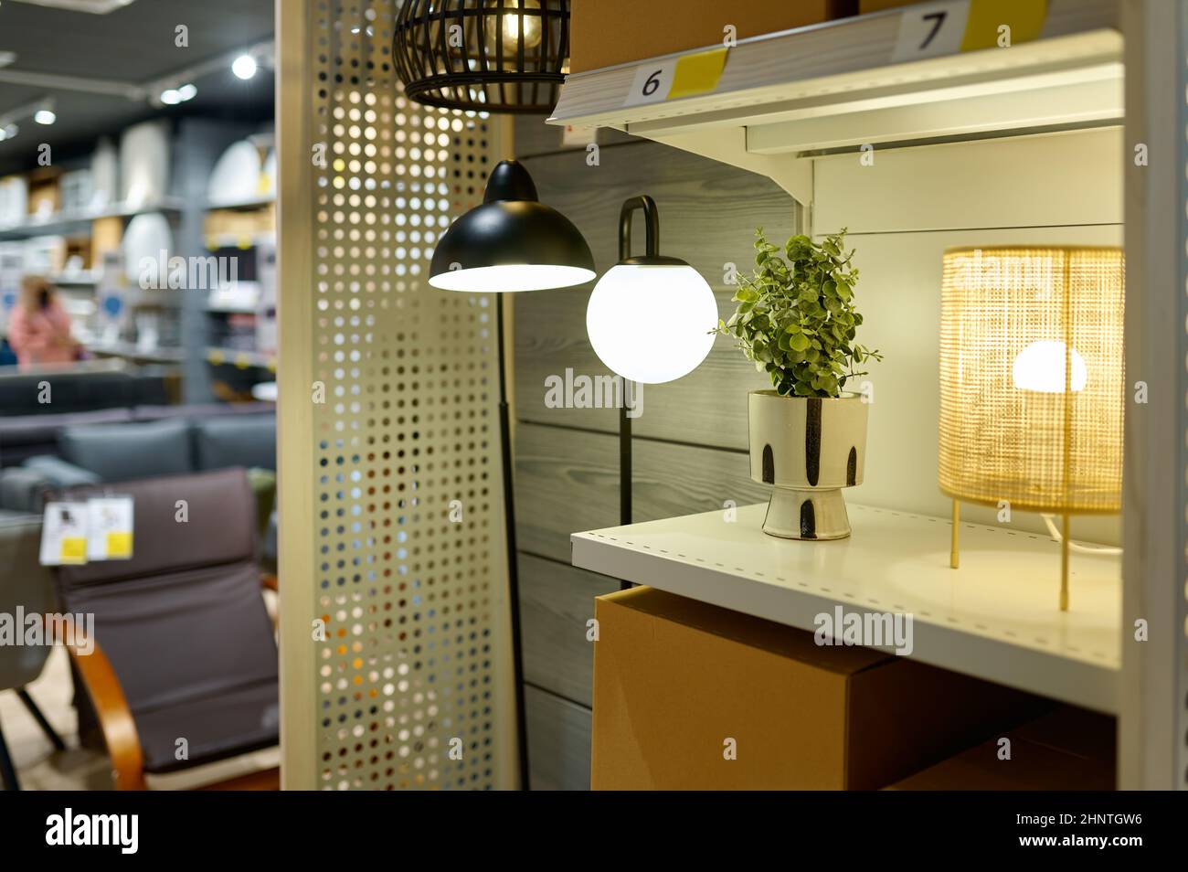 Home lighting fixtures assortment range in shop Stock Photo