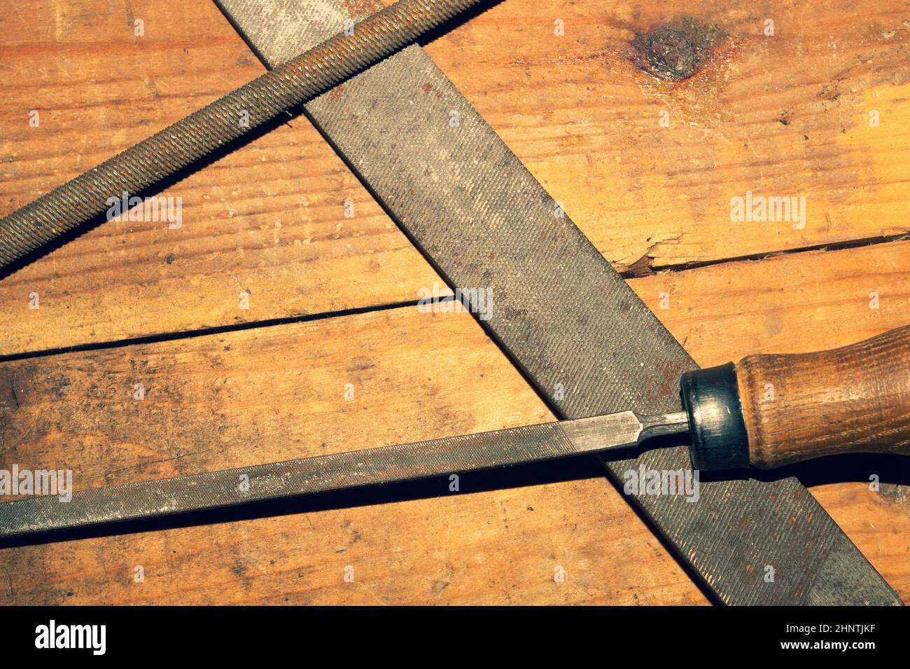 Old rasp. different carpentry files. various graters. instrument for wood processing. hand tools Stock Photo