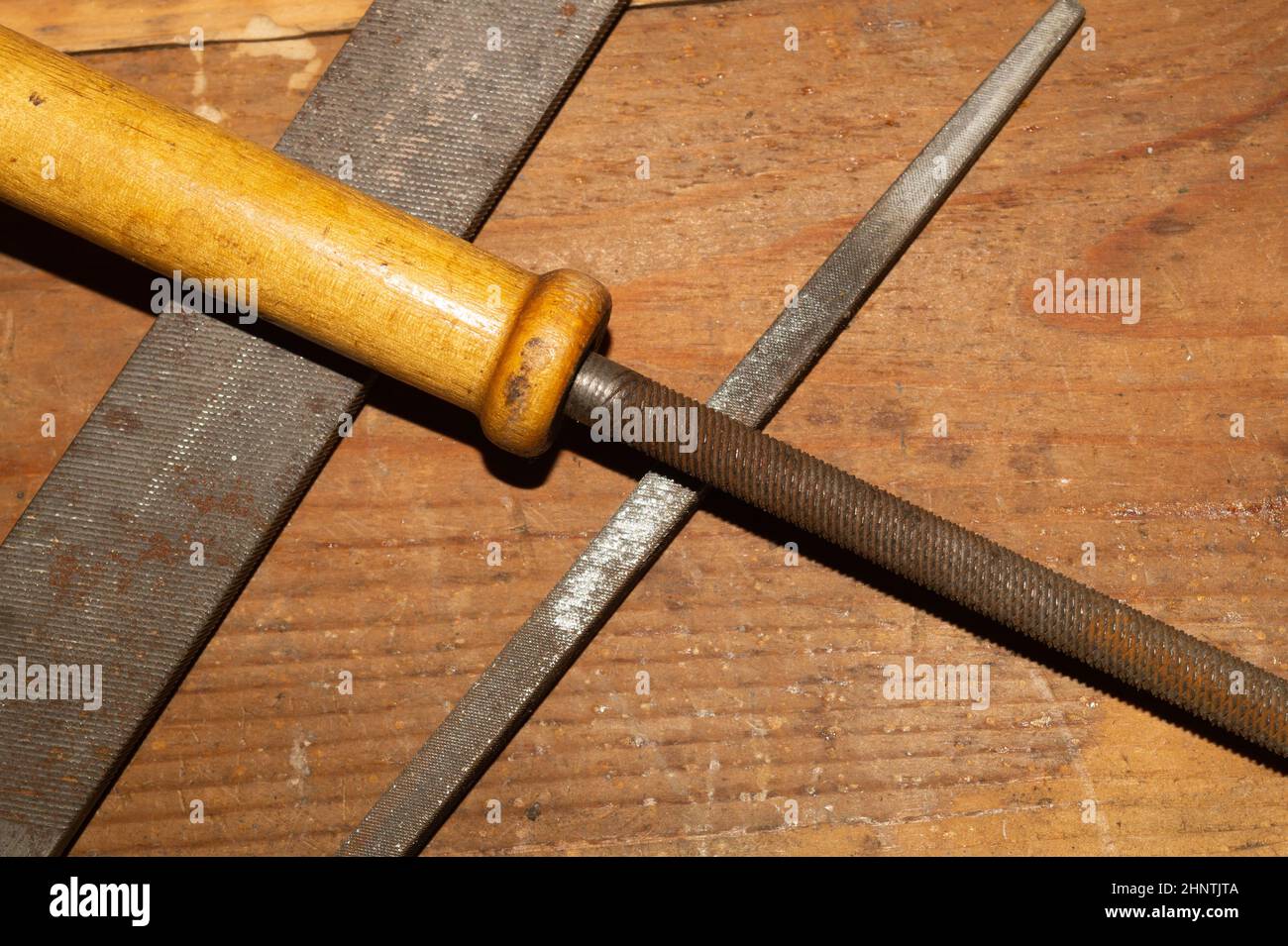 Old rasp. different carpentry files. various graters. instrument for wood processing. hand tools Stock Photo