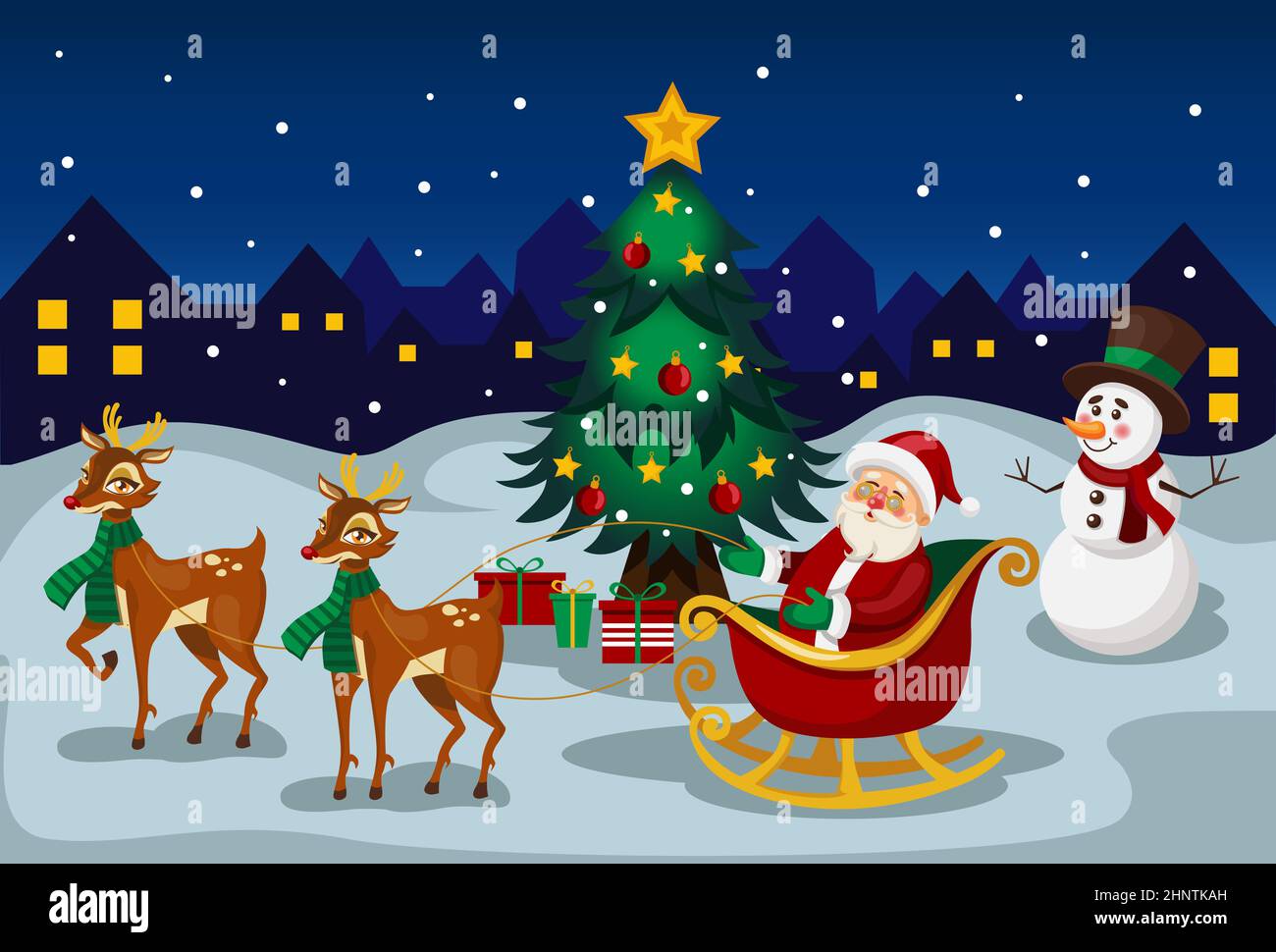 Christmas landscape Santa Claus in sleigh with reindeer - Vector ...