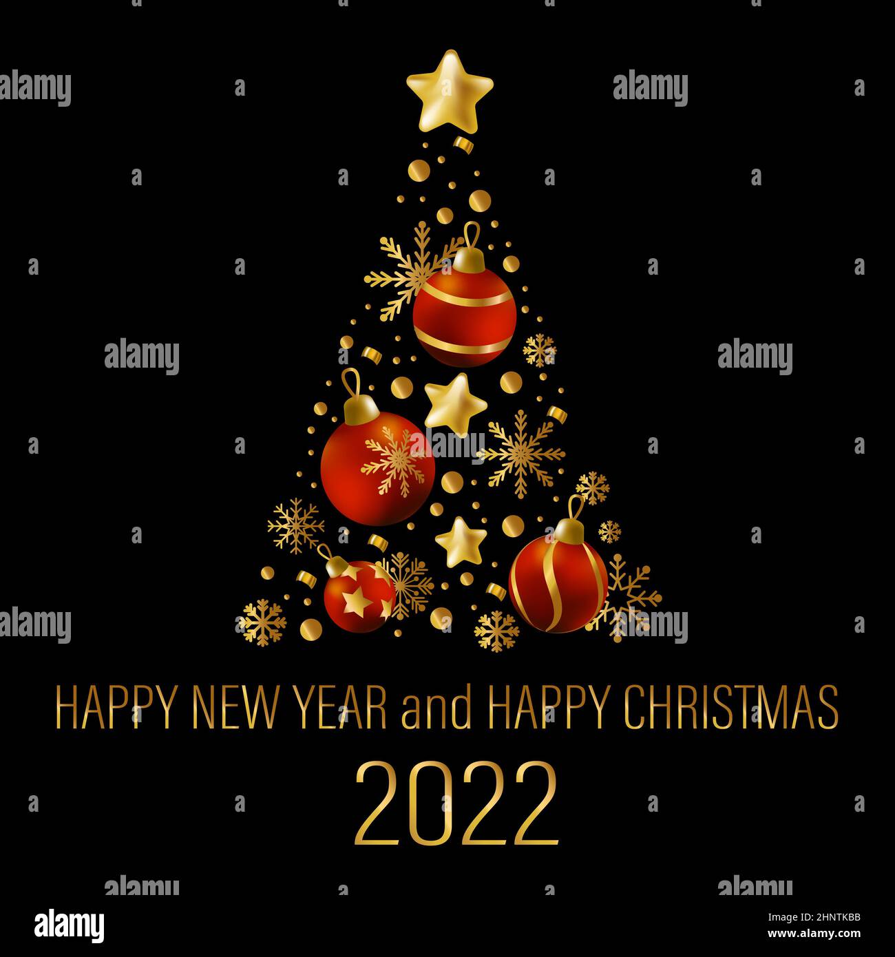 Christmas tree made up of holiday elements, red and gold colors