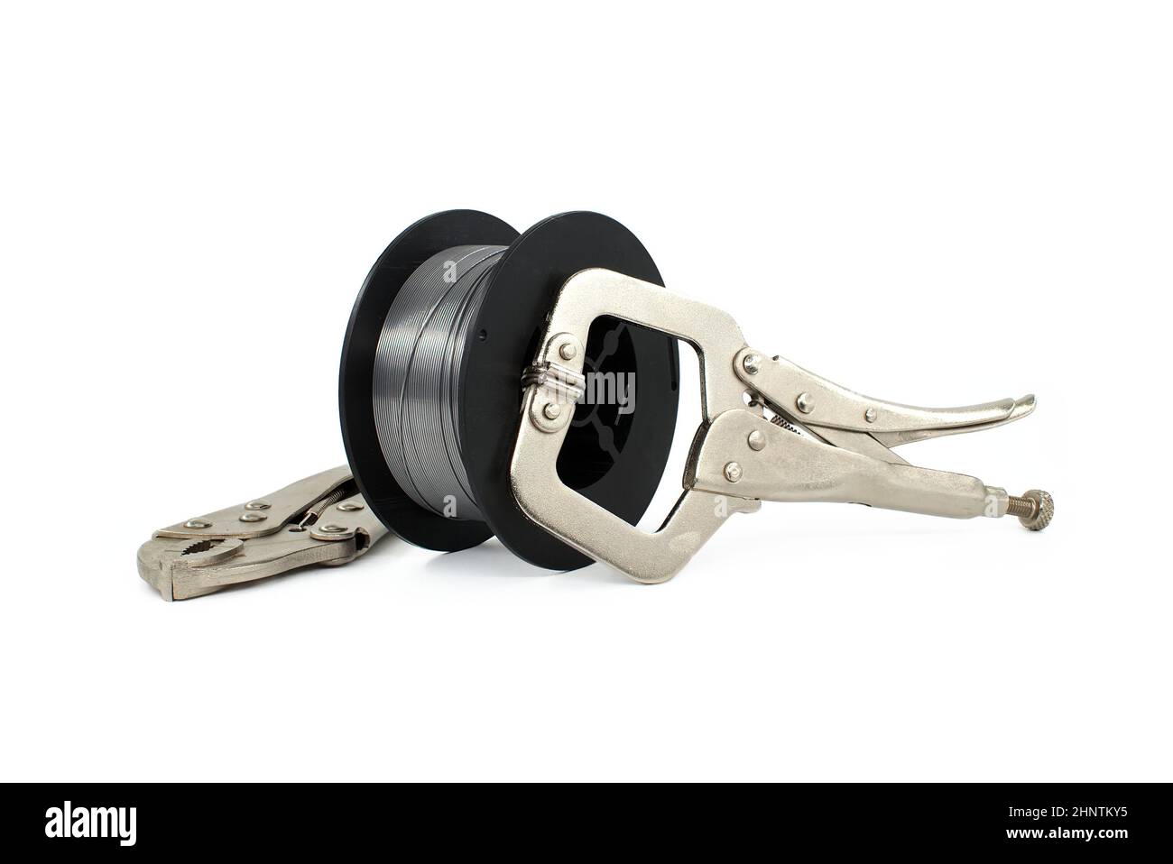 Locking pliers and flux cored welding wire for gasless welding isolated