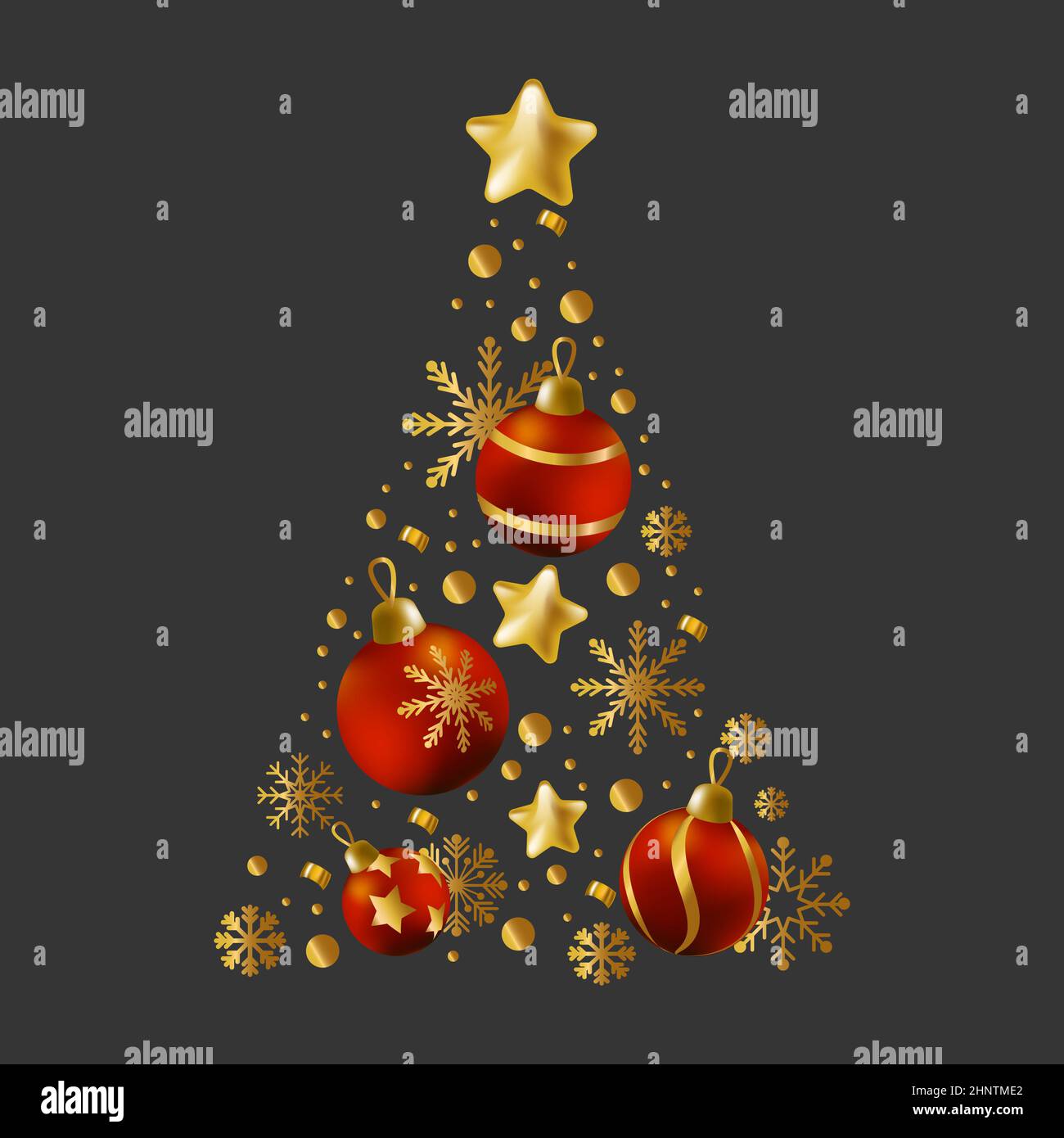 Christmas tree made up of holiday elements, red and gold colors ...
